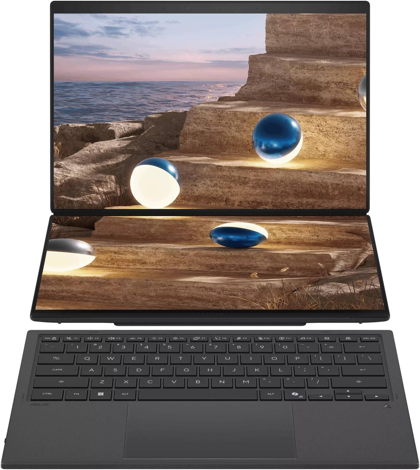 ASUS Zenbook DUO UX8407AA Copilot+ Laptop, 14" 3K OLED 144Hz Touch Display, Intel Core Ultra X9 388H, 32GB RAM, 2TB SSD, Intel Arc Graphics, English-Arabic K/B, Win11, Moher Gray | 90NB16V1-M008M0