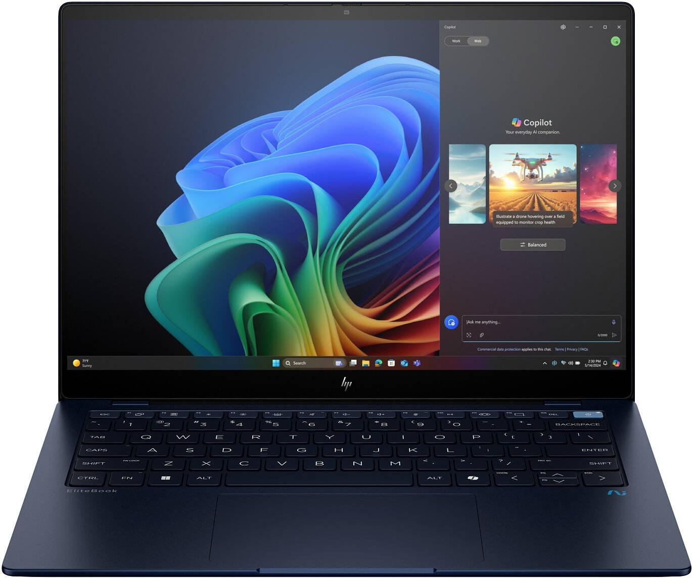 HP EliteBook Ultra G1q Laptop, 14" 2.2K IPS Touch Display, Snapdragon X Elite X1E-78-100, 16GB RAM, 512GB SSD, Qualcomm Adreno GPU, English KB, Windows 11 Pro, Atmosphere Blue | A4JE4UT#ABA